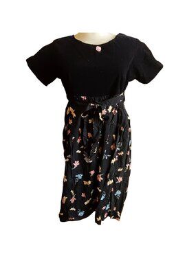 True Vintage Small Black Velvet Dress Floral Print Dress With Pink Ribbon Detail